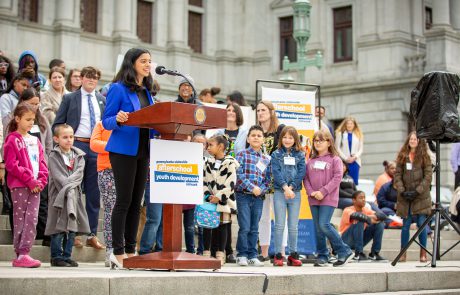 Youth Keynote, Neha Shukla, addressing attendees from Capitol steps